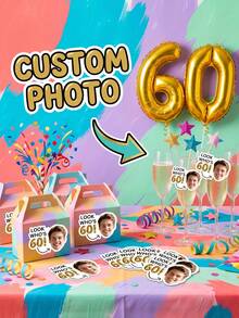 14/28/56pc Custom Photo Birthday Stickers, Personalized Die-Cut Stickers With "Look Who's 60" Quote, Birthday Stickers For Laptops, Water Bottles, Milestone Birthday Party Keepsake Supply, Party Favor Decor Sticker - Multicolor - View 2