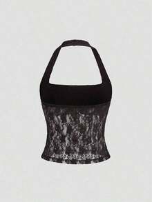 Top Halter de Encaje Sólido Elegante y Sexy Y2K para Fiestas de Navidad y Año Nuevo - Café integral - Ver 2