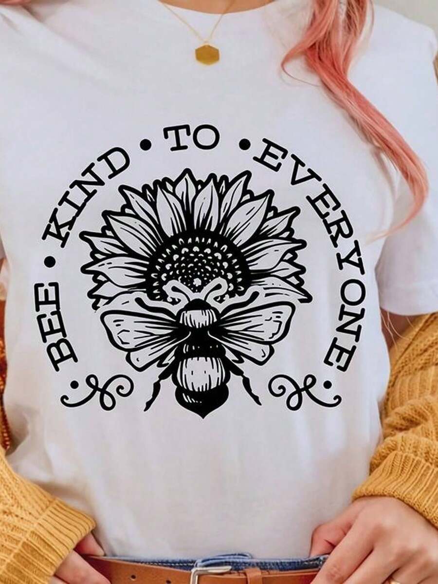 Camiseta de manga corta con cuello redondo y estampado para mujer Sé amable con todos Girasol Abeja S-3XL moda, cómodo y transpirable uni lavable a máquina