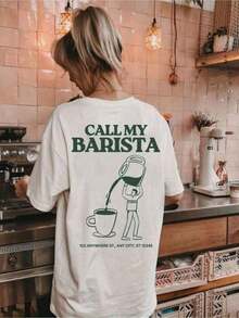 Camiseta Fresca de Verano, Tops Casuales de Verano, Camiseta Gráfica Casual para Mujer - Estampado con Temática de Café "Call My Barista" y Diseño de Taza con Vapor, Cuello Redondo, Hombros Caídos, Ligera y Cómoda para Todas las Temporadas, Blanca con Letras Verdes, Camiseta Cómoda para Uso Diario |   Camisa con Estampado Divertido |   Camisa de ajuste cómodo, ropa de verano, conjuntos de verano para mujer, moda - Blanco - Ver 6