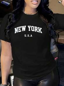 2026Camiseta de Manga Corta para Mujer con Estampado de Nueva York EE.UU. - Tejido Elástico y Transpirable, Cuello Redondo, Corte Regular Silueta H, Lavable a Máquina, Negra con Letras Blancas para Atuendo Casual, Ropa de Verano, Tela Cómoda2026 - Negro - Ver 1