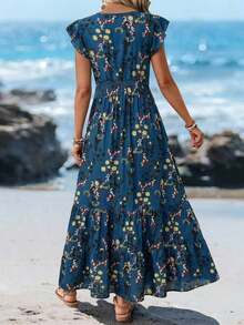 Vestido largo de línea A con mangas de campana, cintura con cordón y dobladillo con volantes, estampado de colocación, vestido de vacaciones informal para mujer - Agua verde azul - Ver 2