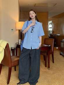 女士休闲格子宽松衬衫，夏季 - 藍白色 - 查看 2