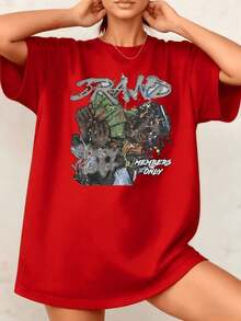 Women's Casual T-Shirt With "Money Maker" Graphic Print, Raw Art Style, 100% Cotton, Crew Neck, Loose Fit, 1 Piece. Excellent Gifts For Friends And Family, Basic T-Shirt For Everyday Wear. - 紅色 - 查看 1