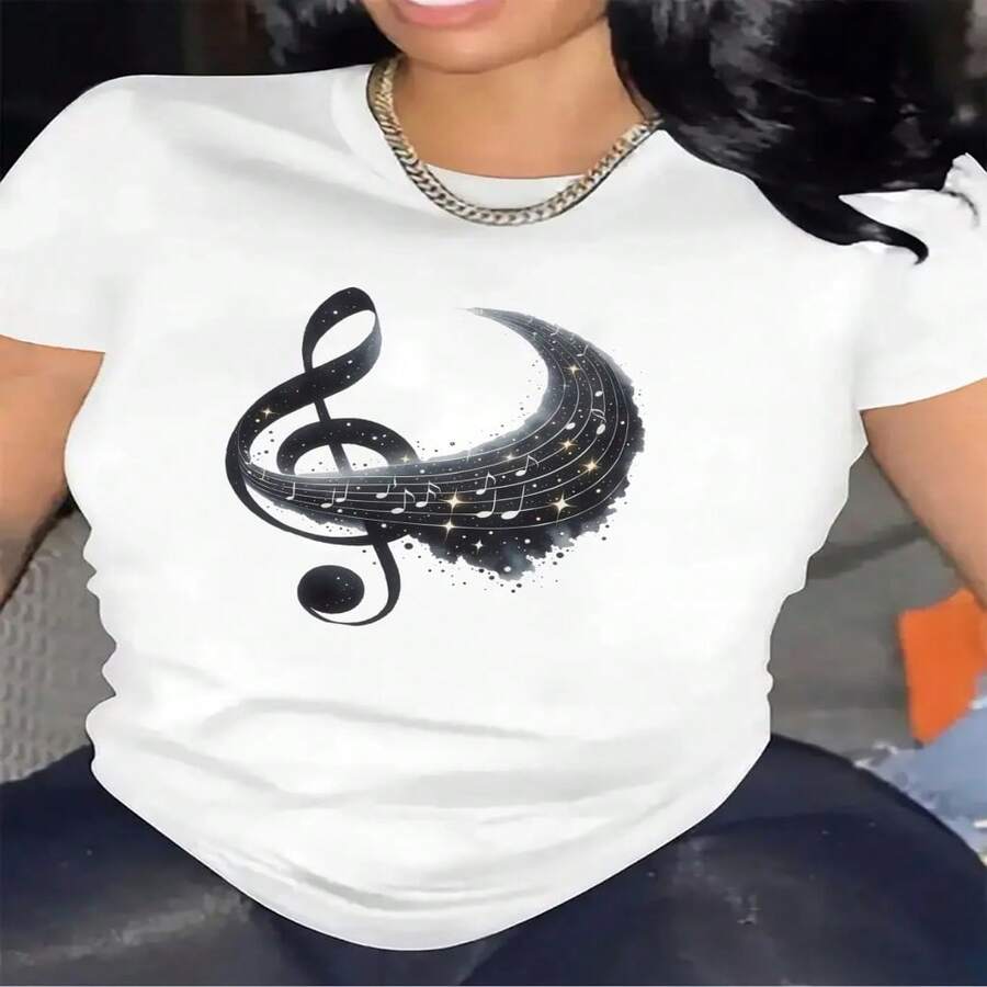Women's White Cotton Short Sleeve Round Neck T-Shirt with Music Notes Print Casual Sexy Elegant Top - Blanco - Ver 1