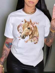 Women's T-Shirt With Simple And Versatile Design | Breathable Fabric | Women's Short-Sleeve Loose Fit Shirt With Black And White Print | Horse And Ribbon Pattern | Machine Washable | Casual Crew Neck Sport T-Shirt | Loose, Comfortable, And Stylish | Unisex Holiday Gift | Matching Couple Outfits | Spring And Summer Clothing | Breathable And Sweat-Wicking, Suitable For Sports, Running, And Hiking | Pure Cotton T-Shirt For Women - 白色 - 查看 1