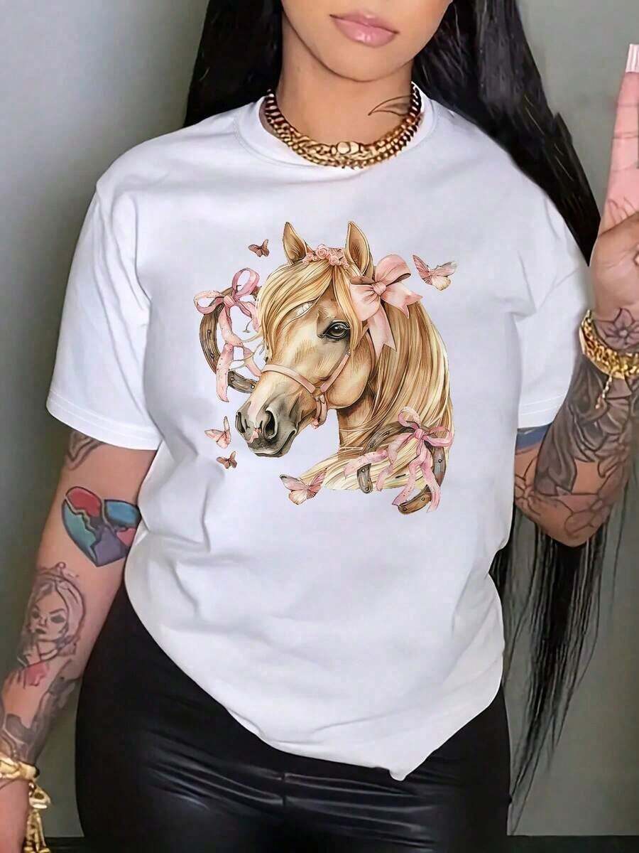 Women's T-Shirt With Simple And Versatile Design | Breathable Fabric | Women's Short-Sleeve Loose Fit Shirt With Black And White Print | Horse And Ribbon Pattern | Machine Washable | Casual Crew Neck Sport T-Shirt | Loose, Comfortable, And Stylish | Unisex Holiday Gift | Matching Couple Outfits | Spring And Summer Clothing | Breathable And Sweat-Wicking, Suitable For Sports, Running, And Hiking | Pure Cotton T-Shirt For Women - 白色 - 查看 1