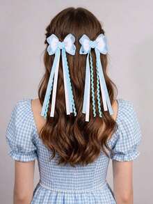 2 piezas Clips para el cabello con lazo y borla a cuadros azul/rosa/amarillo con decoración de corazón, clips de caimán, accesorios para el cabello estilo campus dulce para niñas, adecuados para vacaciones, uso diario, primer día de regreso a la escuela, suministros para niñas, regalos para niñas, accesorios para el cabello de niñas - Celeste - Ver 2