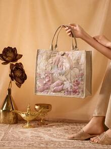 Farahzel 1pc Multi-Color Sequins & Mesh Splice Linen Tote Bag - Baby Pink - View 2