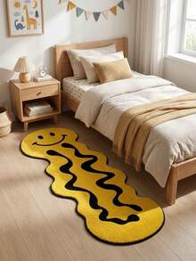 1pc Dopamine Yellow Smiling Face Wavy Long Rug, Bedroom Bedside Decor Carpet, Multiple Sizes Available, Decorative Rug, Bedroom Decor, Small Rug, Carpet, Home Decor, Living Room Carpet, Living Room Small Rug, Bedroom Rug, Living Room Home Decor, Outdoor Rug, Washable Carpet - Yellow-black - View 2