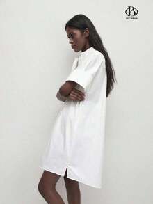Loose-Fitting Cotton Dress With A Mandarin Collar, Front Buttons, And A Solid Color For Women. Basic Minimalist Style For Everyday Wear, Work, Business Casual, And Office. - Black - View 5