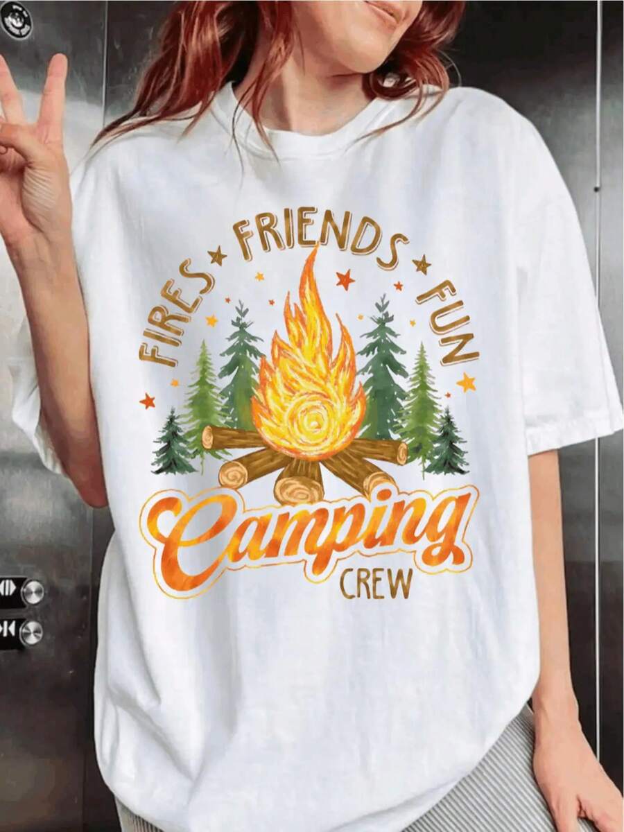 Women's Pure Cotton Vintage Camp T-Shirt - Designed For Friends, Campfires, And Camping Gear, Featuring Campfire And Tent Prints, Suitable For Family And Friend Outfits For Year-Round Outdoor Adventures. Casual Crew Neck T-Shirt, Ideal For Hiking, Campfires, And Camping Trips (Machine Washable) - With A Campfire And Pine Tree Design, Geometric Pattern, Loose Fit Suitable For All Seasons, Ideal For Camping Enthusiasts And Group Activities. Plain White T-Shirt. - 白色 - 查看 1