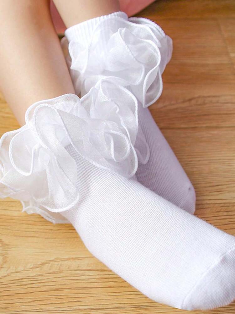 1 par de calcetines hasta el tobillo con volantes para niñas, calcetines sólidos de color simple y casuales para uso diario - Blanco - Añade 4