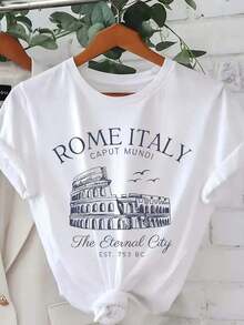 Camiseta con estampado de Roma Italia, camiseta casual de manga corta con cuello redondo para verano y primavera, ropa de mujerPure-Cotton - Blanco - Ver 9