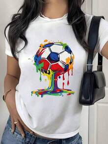 Women's Short Sleeve T-Shirt With Soccer Ball Print, Soft And Breathable Fabric, Fashionable Casual Sportswear, Drip Paint Effect Soccer Ball Graphic, Slim Fit For All Sizes, Perfect For Soccer Matches, Outings With Friends, Daily Activities And Gifts For Sports Fans, Vibrant Design That Will Never Go Out Of Style - 白色的 - 查看 1