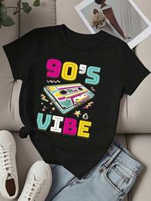 Women's Crew Neck T-Shirt, 90s Style, Cassette Graphic Print, Short Sleeve, Casual Summer Top For Women, Retro Music Party Clothes, Casual Blouses For Ladies - 黑色 - 查看 2