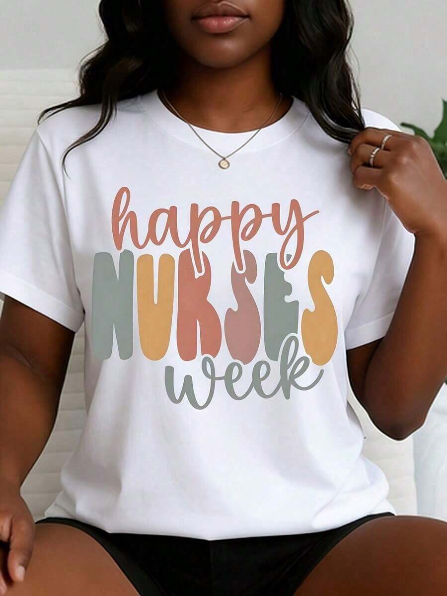 Casual Style Women's T-Shirt Happy Nurses Week Graphic Print Summer Gift For Nurses,Celebrating International Nurses Day In May, Perfect Gift For Nurses, Women's Clothing To Pay Tribute To The Most Beautiful Angels In White.Playeras De Mujer - 白色 - 查看 1