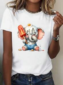 Printed Short-Sleeved T-Shirt For Single Women | Cool Summer, Elephant And Ice Cream Elements, Comfortable Casual Fit, For All Seasons, Round Neck, Medium Stretch Fabric - 白色 - 查看 1