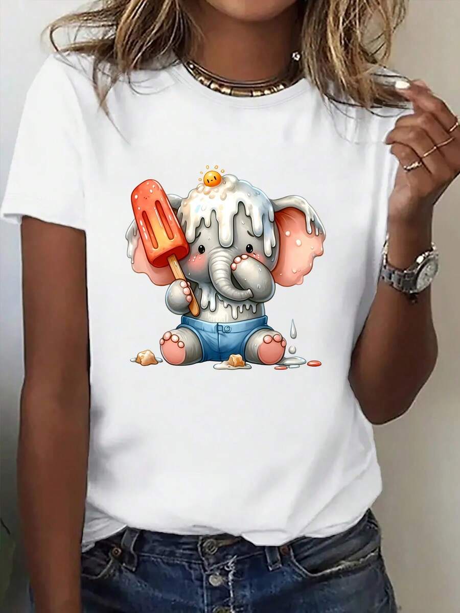 Printed Short-Sleeved T-Shirt For Single Women | Cool Summer, Elephant And Ice Cream Elements, Comfortable Casual Fit, For All Seasons, Round Neck, Medium Stretch Fabric - 白色 - 查看 1