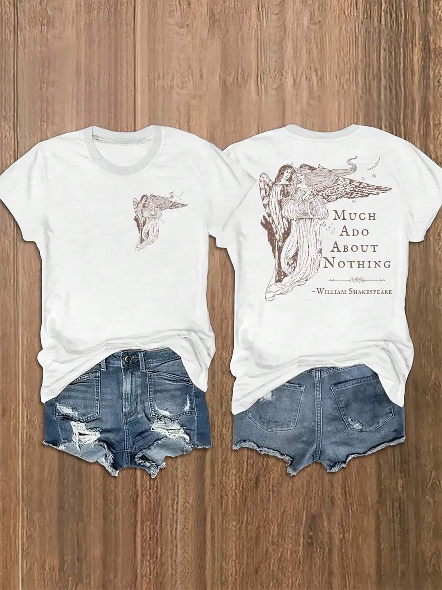 Camiseta Estampada para Mujer con Ilustraciones de Ángeles y Texto de - Camiseta Casual de Manga Corta y Cuello Redondo, Corte Relajado para Todas las Estaciones, Perfecta para Uso Diario y Atuendos de Vacaciones (Lavable aáquina). - Blanco - Ver 1