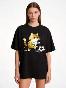 Premium Casual Everyday T-Shirt For Women, Sizes S-2XL, Short Sleeve, Pure White With A Gold Cat Print, Ideal For Family And Couple Outfits, Perfect For Spring And Summer, A Great Gift For Mom, Mother's Day Gift, For Relatives And Best Friends. . - 黑色 - 查看 8