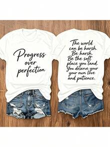 Women's Casual Sports T-Shirt, Short Sleeve, White With Black Cursive Text - Elastic Crew Neck T-Shirt, Machine Washable, Comfortable Fit And Perfect For All Seasons, For A Chic And Casual Look. - 白色 - 查看 7