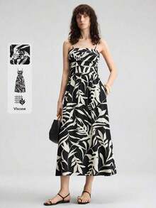 Ontre Vestido ajustado de mujer con estampado floral minimalista en blanco y negro, de tela suave y cómoda, con tirantes finos, falda acampanada, bolsillos laterales, diseño sin espalda, estilo bohemio chic, adecuado para la playa, festivales de música, uso casual, elegante, de lujo, para cruceros, oficina, ir y venir, para todas las estaciones - Blanco y Negro - Ver 5
