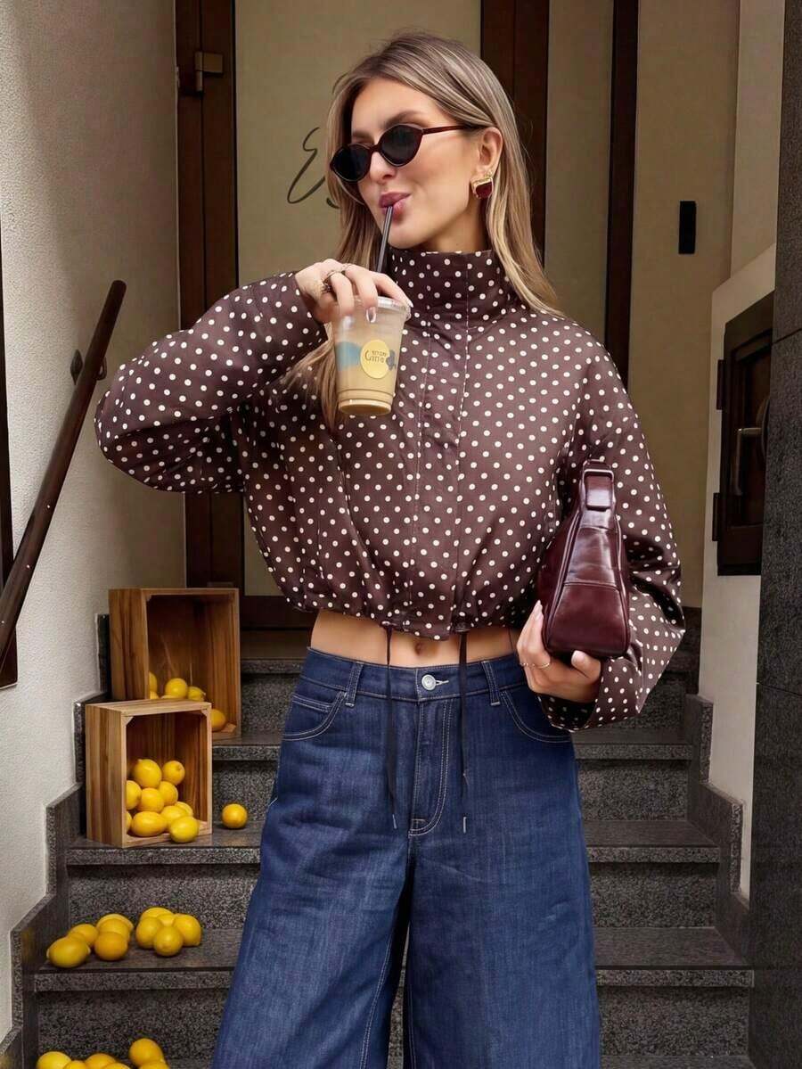 Women's Autumn Clothing Winter Clothing Polka Dot Winter Coat Women's Short Jackets Coats Long Sleeve Blouses Ladies Zip-Up Jackets Spring And Autumn Short Coats New Streetwear Zip-Up Short Jacket - 灰色 - 查看 1