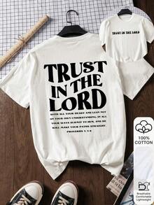 1 pieza de camiseta casual de manga corta para mujer con estampado "TRUST IN THE LORD", 100% algodón, camiseta gráfica, tela suave, ropa de algodón, top para exteriores, estampado, camiseta de verano, camiseta para mujer, top, ropa de verano, atuendo para vacaciones, estilo de viaje, estilo playero, ropa minimalista para resort, 180g Algodón 100%. - Blanco - Ver 8