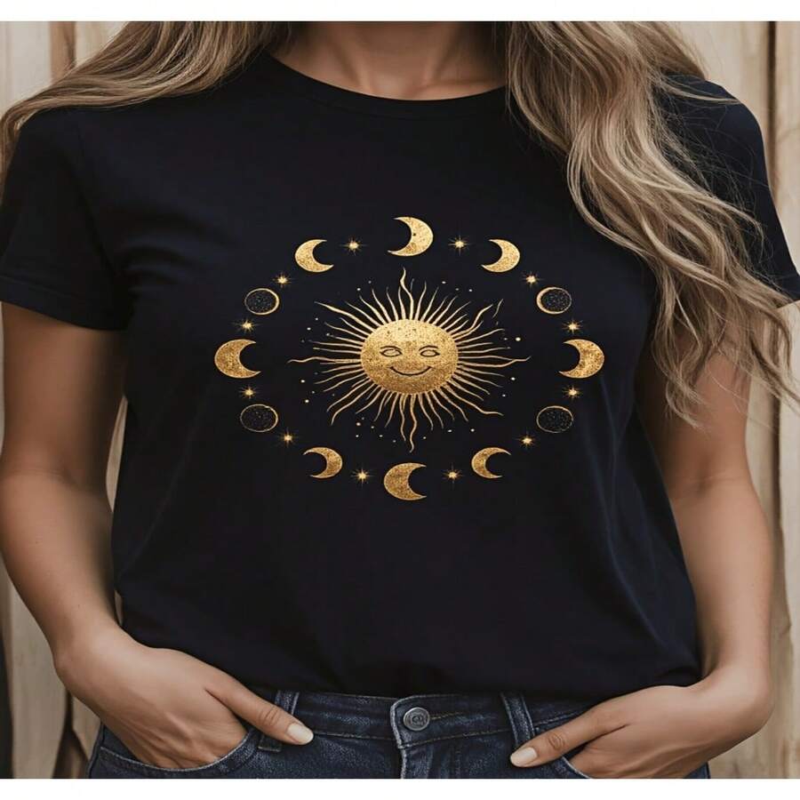 Camiseta para mujer con estampado dorado de fases del sol y la luna, estilo bohemio, ropa casual para amantes de la naturaleza, atuendo de verano 2D, blusas bonitas para mujer, camiseta casual de Diseño holgado, ligeramente extendida S-XXXL - Negro - Ver 1