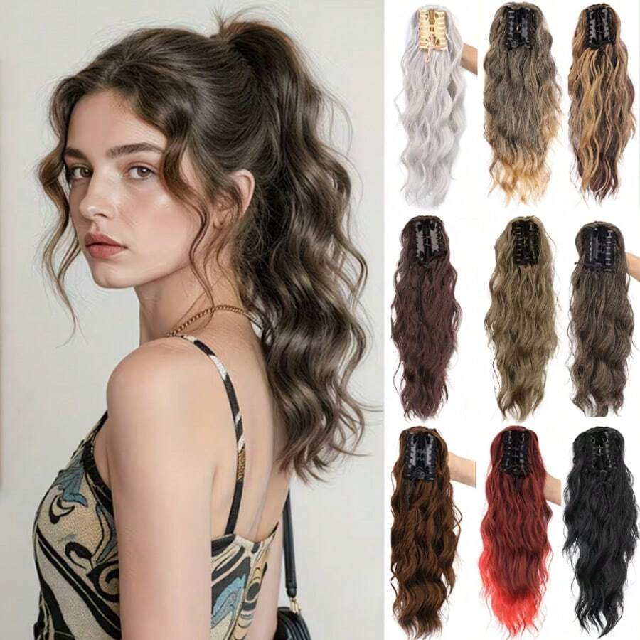 Tóc giả đuôi ngựa uốn lượn dạng kẹp càng cua, tóc giả đuôi ngựa xoăn tổng hợp dài 20 inch dành cho nữ, kiểu dáng tự nhiên. - Nhiều màu - Xem 1