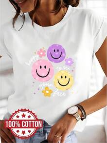 Encantado de Ver Tu Cara, Camiseta con Estampado Gráfico 100% de Letras, Manga Corta, Cuello Redondo, Top Casual para Verano y Primavera, Mujer - Blanco - Ver 6