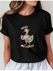 New Summer 2026 T-Shirt With Creative Duck Print, Casual Style For Women, Short Sleeve, Round Neck, For Spring And Summer Vacation, Machine Washable, New Versatile Clothing For Women, Urban Style Yi01, Casual Round Neck Top, Comfortable Clothing For Women - 黑色 - 查看 7