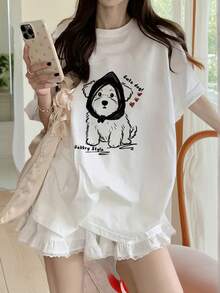 Made In Japan, Spring/Summer Cotton, Round Neck, Loose Fit, Versatile, Simple, English Print Short-Sleeve T-Shirt - White - View 1