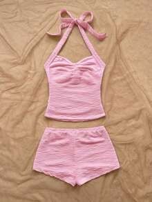 Conjunto de 2 piezas de top halter sin espalda y shorts, conjunto de ropa para vacaciones - Rosa - Ver 2