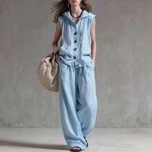 Fashionable Casual Two-Piece Set With Hood And Buttons, Sleeveless Top And Wide Leg Pants For Women - Light Blue - View 2