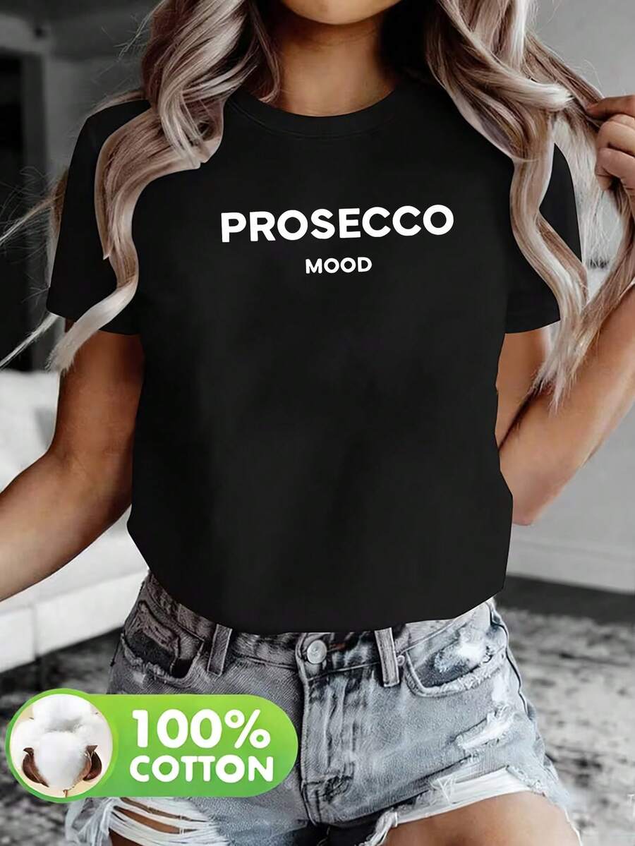 'Prosecco Mood' Urban Style T-Shirt, Soft And Loose, With Bold Hand-Printed Design, Various Sizes - [Negro] - View 1