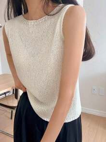 Top De Tejido De Punto Sólido Con Cuello Redondo - Beis - Ver 2
