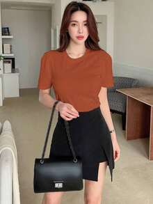 Camiseta de mujer de manga corta con manga abullonada de unicolor, crop top para mujeres - Marrón - Ver 4
