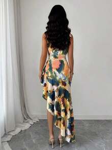 Vestido de mujer con un hombro, estampado teñido difuminado y diseño de volantes en el bajo irregular, vestido de primavera/verano, diseño de bajo irregular, elegante y de moda, adecuado para uso diario, bodas, banquetes, viajes diarios, fiestas de graduación, eventos festivos, vacaciones - Azul - Ver 10