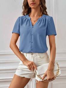 Blusa casual de mujer de unicolor con cuello en V y manga corta - Niebla azul - Ver 6