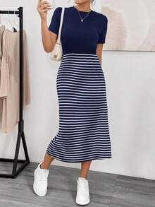 Vestido informal de verano para mujeres, vestido de ajuste ceñido a bloques de color con rayas y aberturas laterales, vestido midi, vestido básico de camiseta, vestido de verano para mujeres, vestido a rayas - Azul marino - Ver 6