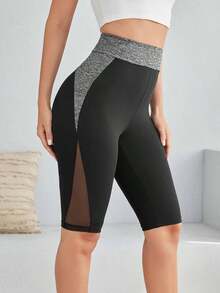 Pantalones cortos de ciclista de cintura alta con contraste de bloques de color y malla, casuales - Negro - Ver 1