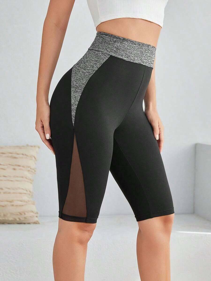 Pantalones cortos de ciclista de cintura alta con contraste de bloques de color y malla, casuales - Negro - Ver 1