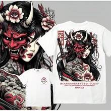 Unisex Black T-Shirt, 100% Unwashed Cotton, A320 Geisha Design With Hannya Mask, Anime And Samurai Style, Streetwear Aesthetic Fashion, Casual Wear For Men And Women, Perfect For Daily Wear And Gifts, Sizes S To 3XL - 白色 - 查看 4