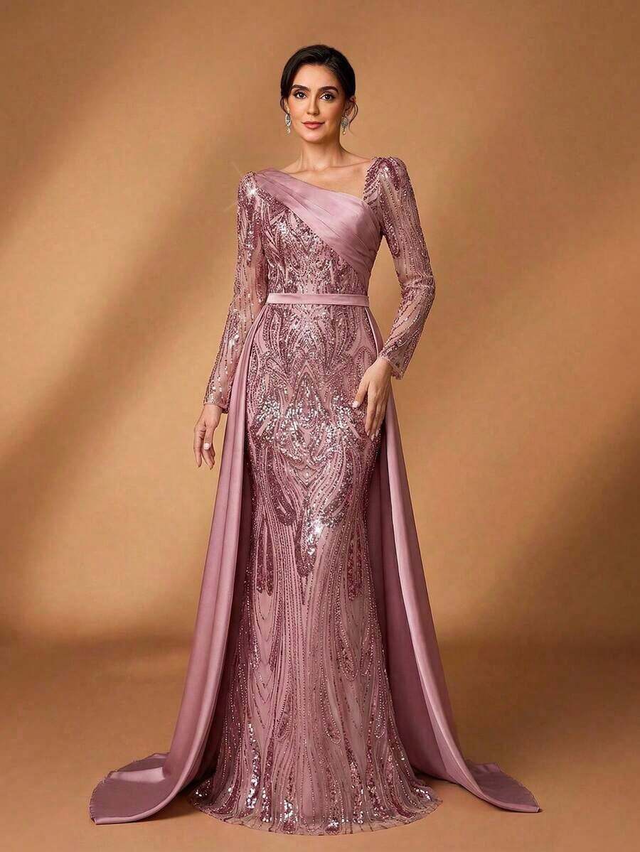 Elegante y lujoso vestido de satén con mangas y bajo de cola de sirena, con tela bordada con lentejuelas, versátil y de alta gama, adecuado para bodas, eventos, fiestas, vacaciones, bailes, vestidos de gala para la madre de la novia - Rosa vieja - Ver 1