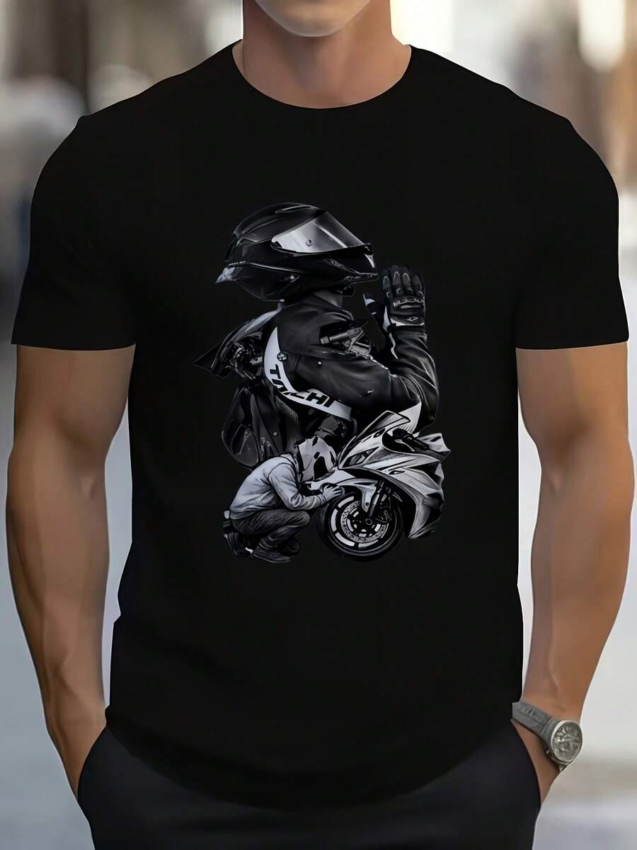 Camiseta Unisex con Estampado de Motocicleta para Hombres y Mujeres, Tejido Ligero y Transpirable, Ideal para Entusiastas de la Motociclismo, Ropa Casual de Verano para la Calle - Negro - Ver 1