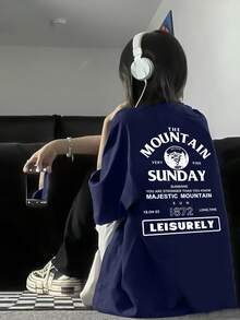 Women's Vintage Fashion Short Sleeve T-Shirt, Summer Cartoon Print Short Sleeve T-Shirt, Sheer Short Sleeve T-Shirt, Unique Niche Design, Loose Fit Top, Base Layer #3333 - 海軍藍 - 查看 1