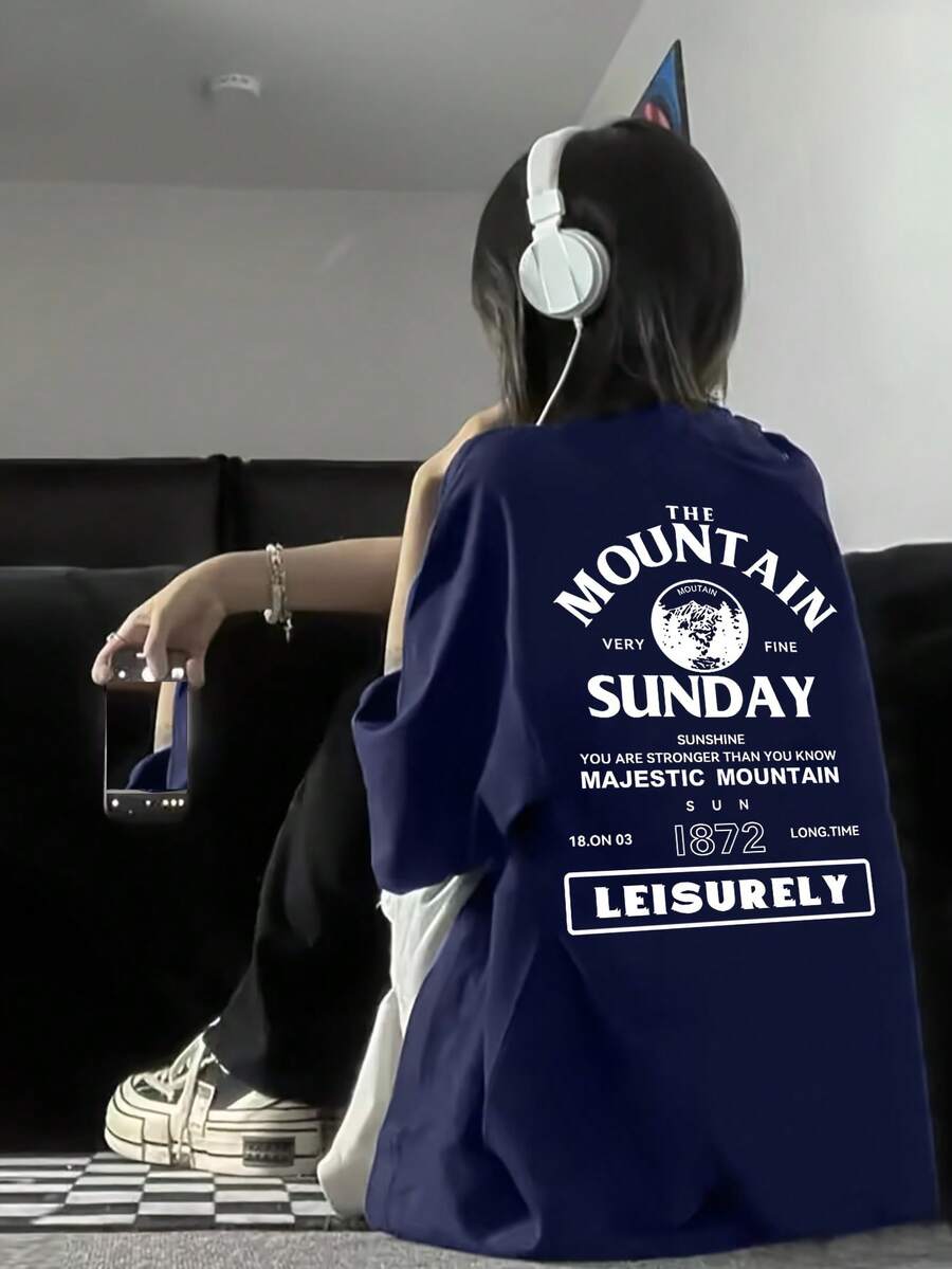 Women's Vintage Fashion Short Sleeve T-Shirt, Summer Cartoon Print Short Sleeve T-Shirt, Sheer Short Sleeve T-Shirt, Unique Niche Design, Loose Fit Top, Base Layer #3333 - 海軍藍 - 查看 1