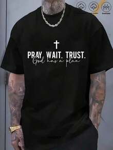 Men's Plus Size Black T-Shirt With "Pray Wait Trust God Has A Plan" Cross Print, Short Sleeve, Casual, Religious Message, Breathable, For Summer And Church, Loose Fit, Large And Tall Sizes, PLUS SIZE - White - View 1